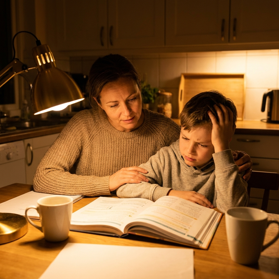 A mother helping her child study